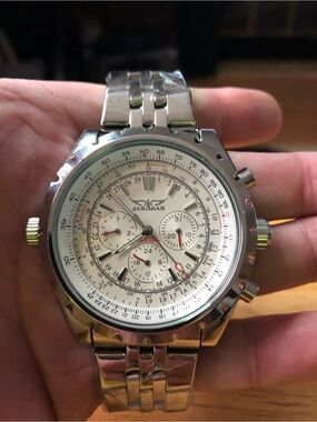 New Men's Avaitor Silver and Cream Stainless Steel Chronograph Watch